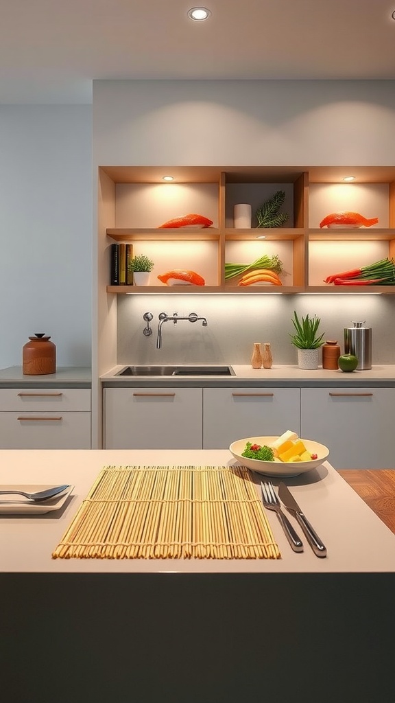 A minimalist sushi kitchen with a bamboo mat, fresh ingredients, and soft lighting.